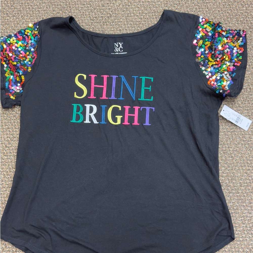 New York & Company Black Sequin Sleeve Tee